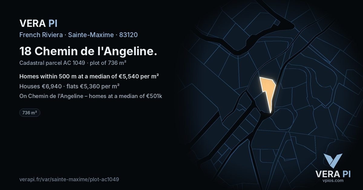 18 Chemin de l'Angeline, Sainte-Maxime at night – the plot lit, the parcels around coloured by the prices near them