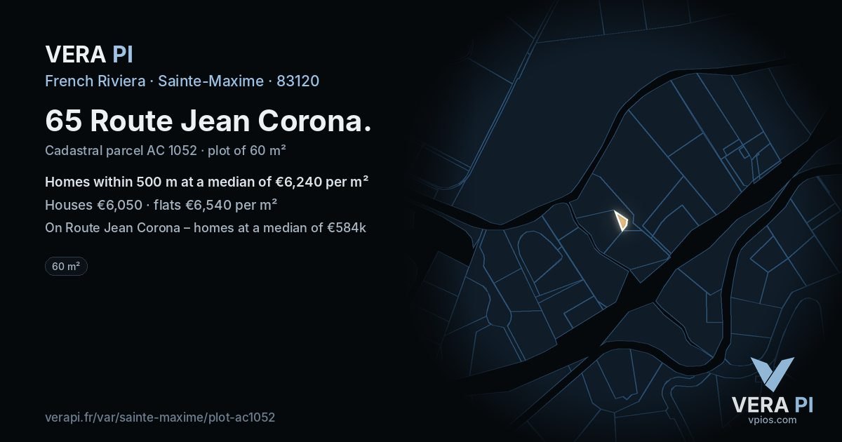 65 Route Jean Corona, Sainte-Maxime at night – the plot lit, the parcels around coloured by the prices near them