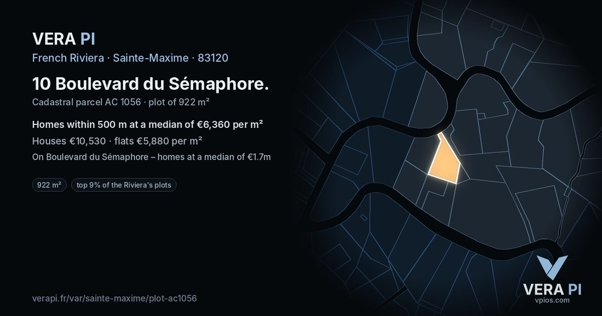 10 Boulevard du Sémaphore, Sainte-Maxime at night – the plot lit, the parcels around coloured by the prices near them
