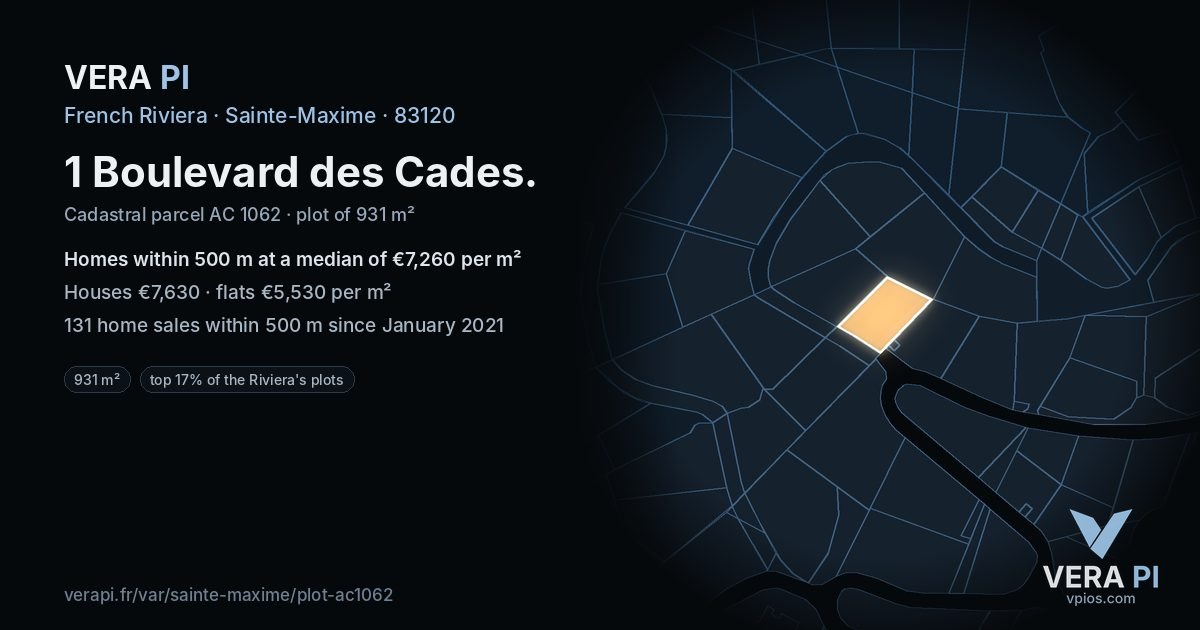 1 Boulevard des Cades, Sainte-Maxime at night – the plot lit, the parcels around coloured by the prices near them