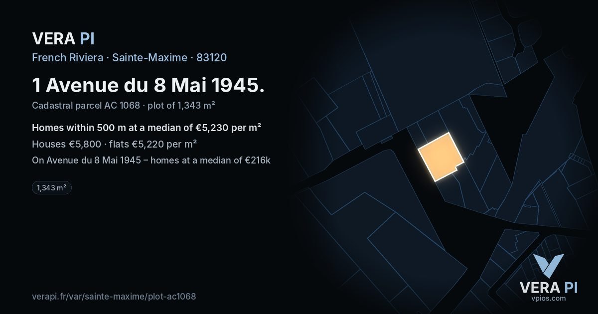 1 Avenue du 8 Mai 1945, Sainte-Maxime at night – the plot lit, the parcels around coloured by the prices near them
