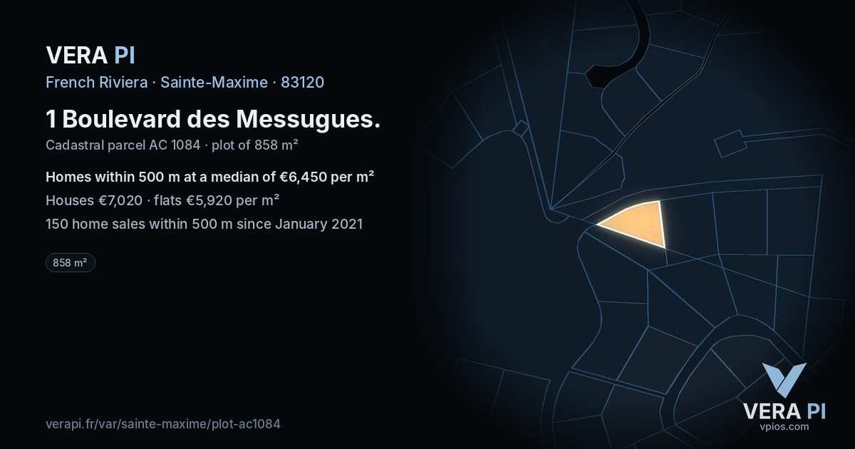 1 Boulevard des Messugues, Sainte-Maxime at night – the plot lit, the parcels around coloured by the prices near them