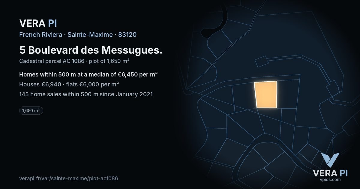 5 Boulevard des Messugues, Sainte-Maxime at night – the plot lit, the parcels around coloured by the prices near them