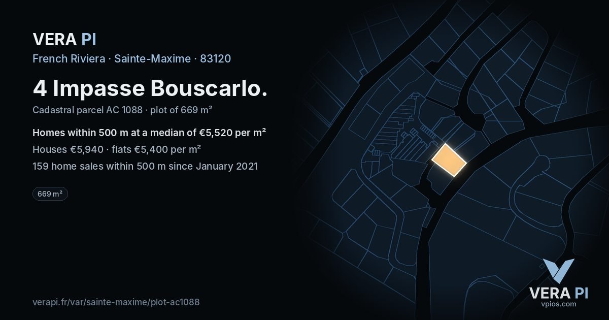 4 Impasse Bouscarlo, Sainte-Maxime at night – the plot lit, the parcels around coloured by the prices near them