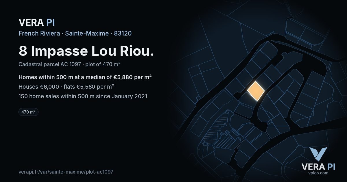 8 Impasse Lou Riou, Sainte-Maxime at night – the plot lit, the parcels around coloured by the prices near them