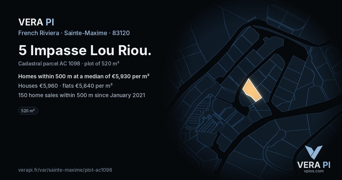 5 Impasse Lou Riou, Sainte-Maxime at night – the plot lit, the parcels around coloured by the prices near them