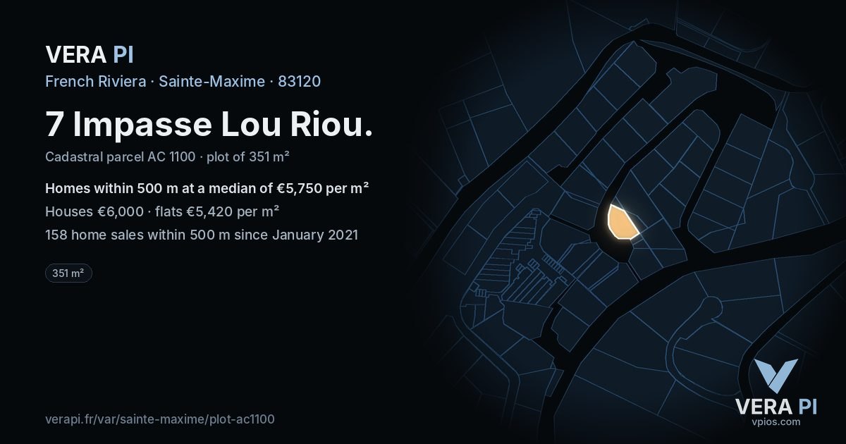 7 Impasse Lou Riou, Sainte-Maxime at night – the plot lit, the parcels around coloured by the prices near them