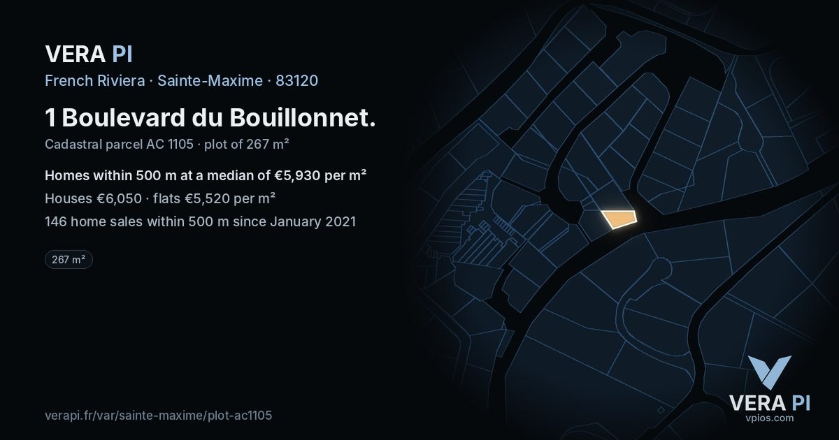 1 Boulevard du Bouillonnet, Sainte-Maxime at night – the plot lit, the parcels around coloured by the prices near them