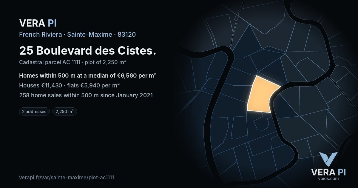 25 Boulevard des Cistes, Sainte-Maxime at night – the plot lit, the parcels around coloured by the prices near them