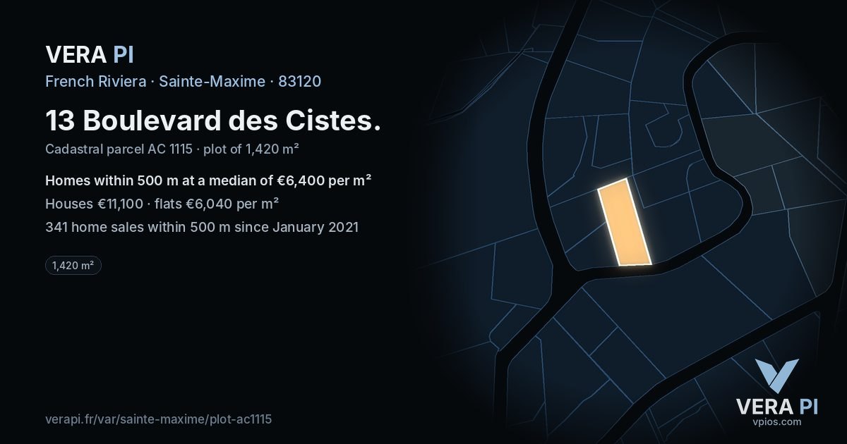 13 Boulevard des Cistes, Sainte-Maxime at night – the plot lit, the parcels around coloured by the prices near them