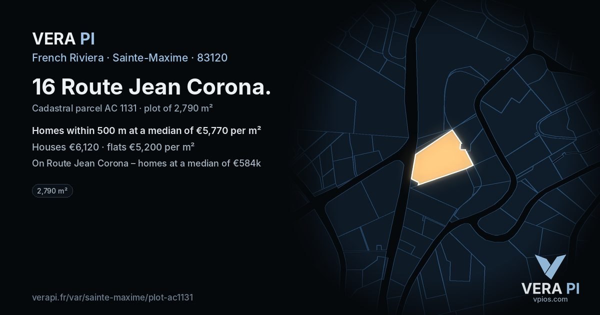 16 Route Jean Corona, Sainte-Maxime at night – the plot lit, the parcels around coloured by the prices near them