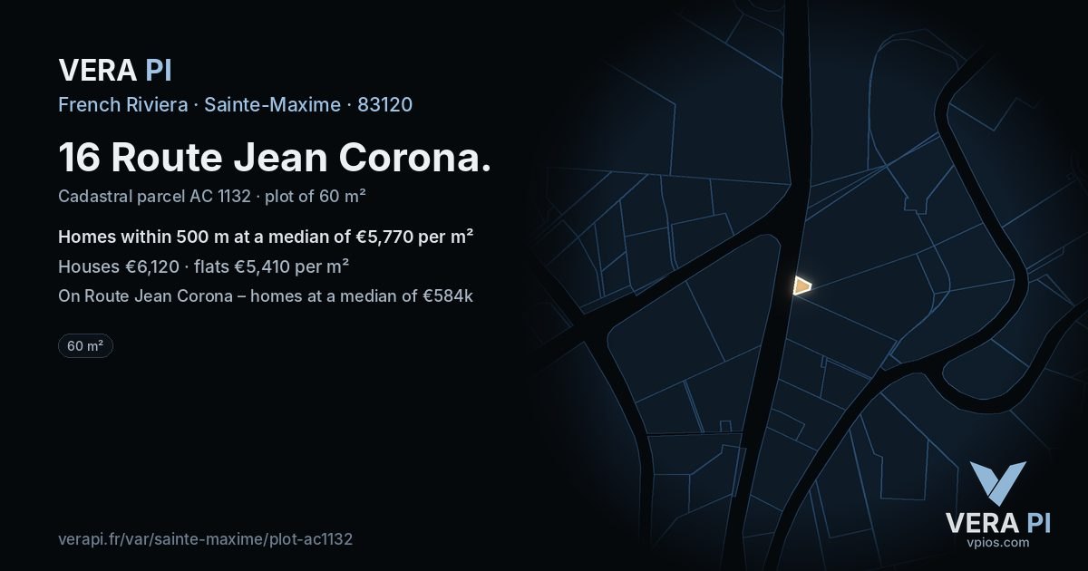 16 Route Jean Corona, Sainte-Maxime at night – the plot lit, the parcels around coloured by the prices near them