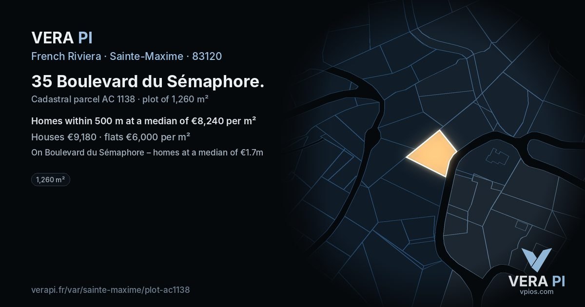 35 Boulevard du Sémaphore, Sainte-Maxime at night – the plot lit, the parcels around coloured by the prices near them