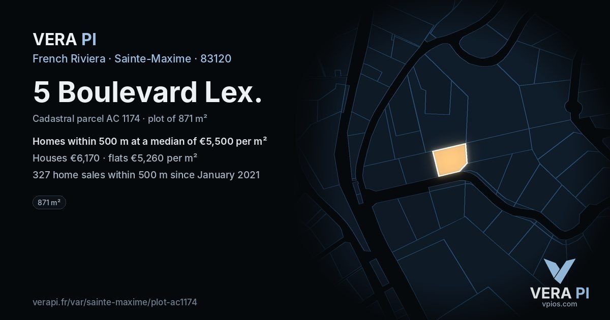 5 Boulevard Lex, Sainte-Maxime at night – the plot lit, the parcels around coloured by the prices near them