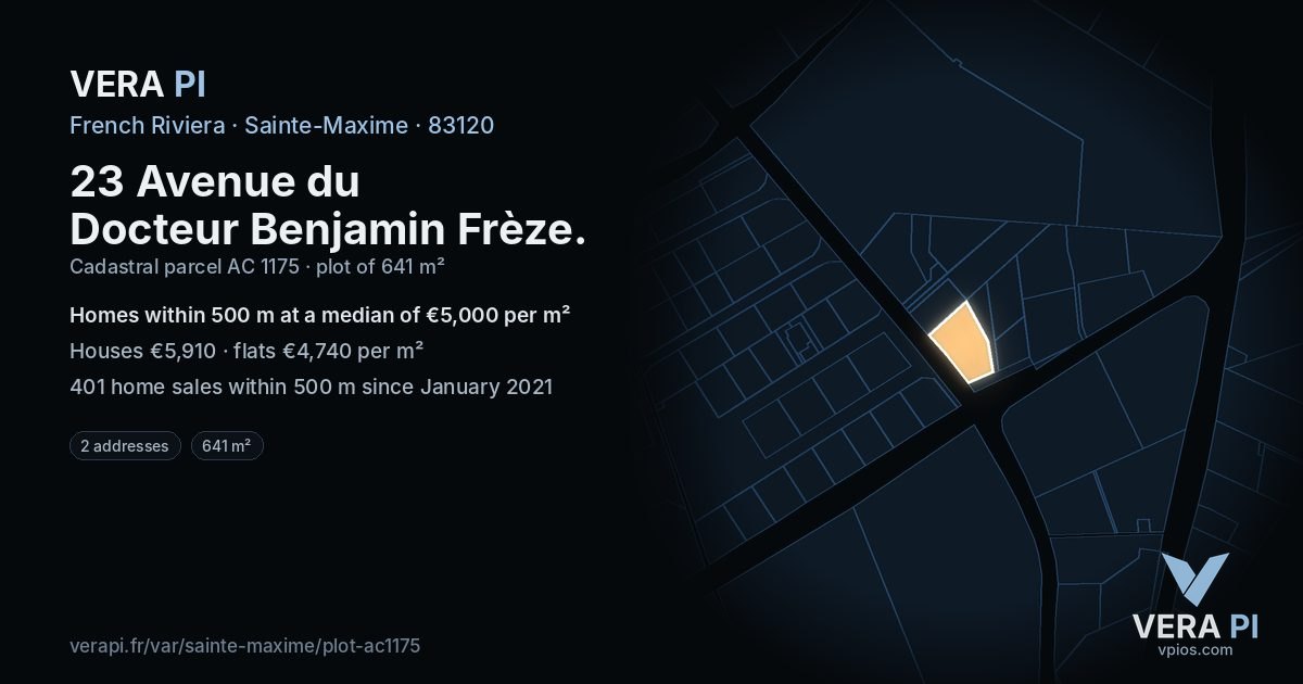 23 Avenue du Docteur Benjamin Frèze, Sainte-Maxime at night – the plot lit, the parcels around coloured by the prices near them
