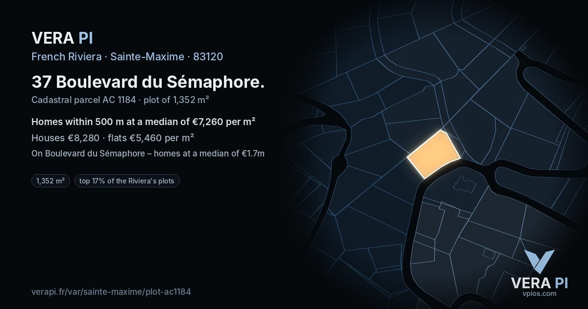 37 Boulevard du Sémaphore, Sainte-Maxime at night – the plot lit, the parcels around coloured by the prices near them