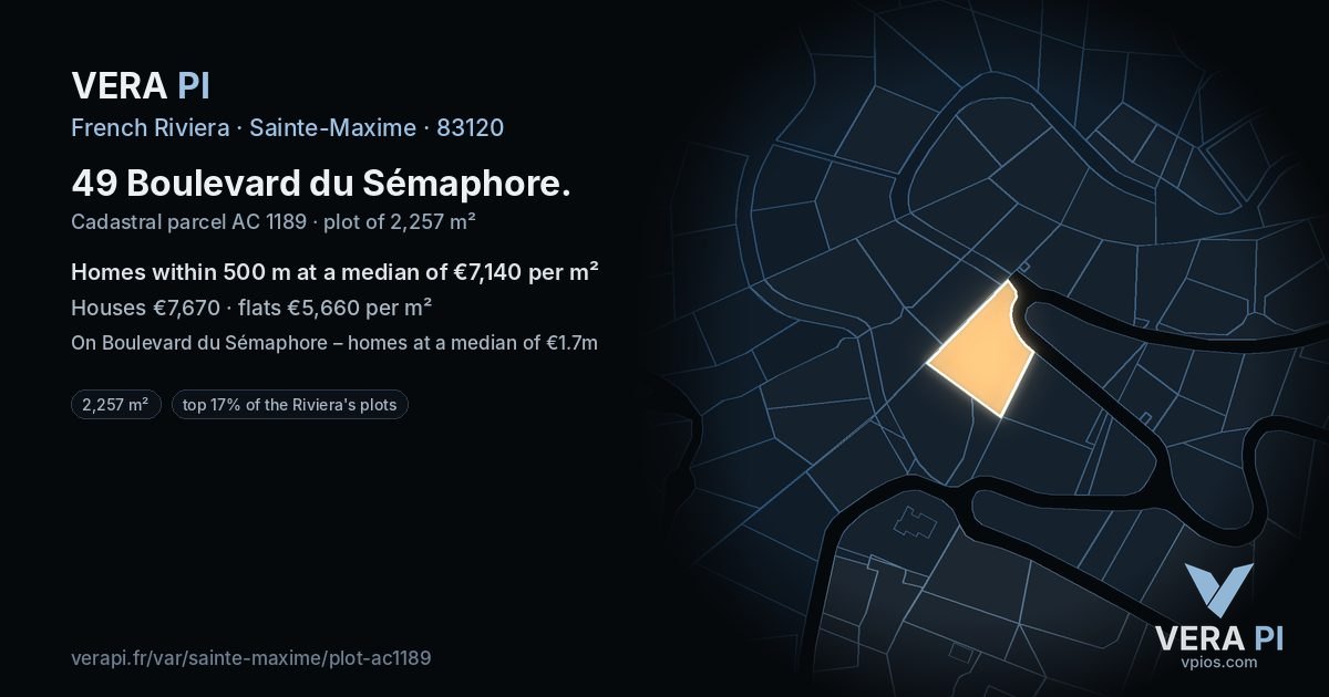 49 Boulevard du Sémaphore, Sainte-Maxime at night – the plot lit, the parcels around coloured by the prices near them