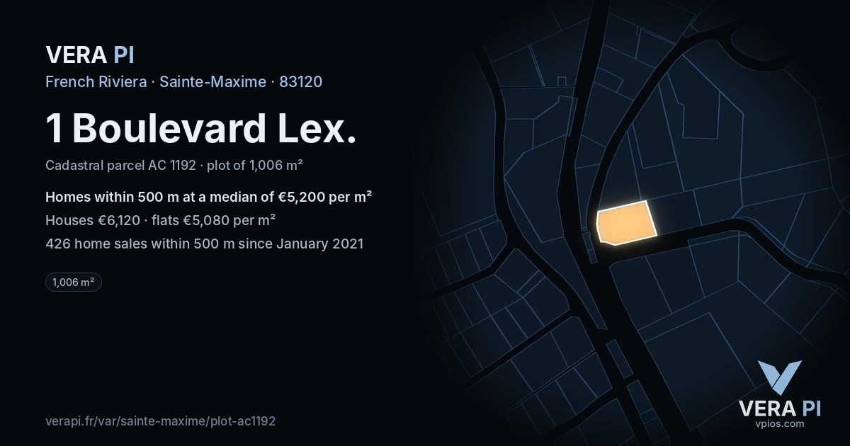 1 Boulevard Lex, Sainte-Maxime at night – the plot lit, the parcels around coloured by the prices near them