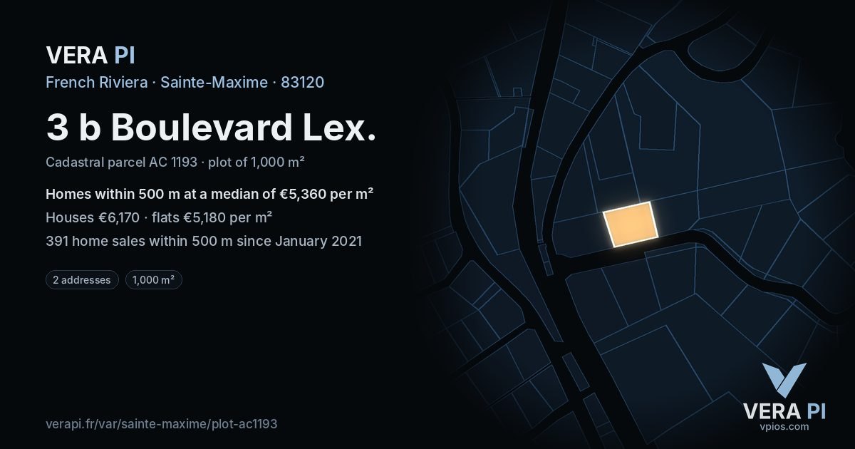 3 b Boulevard Lex, Sainte-Maxime at night – the plot lit, the parcels around coloured by the prices near them