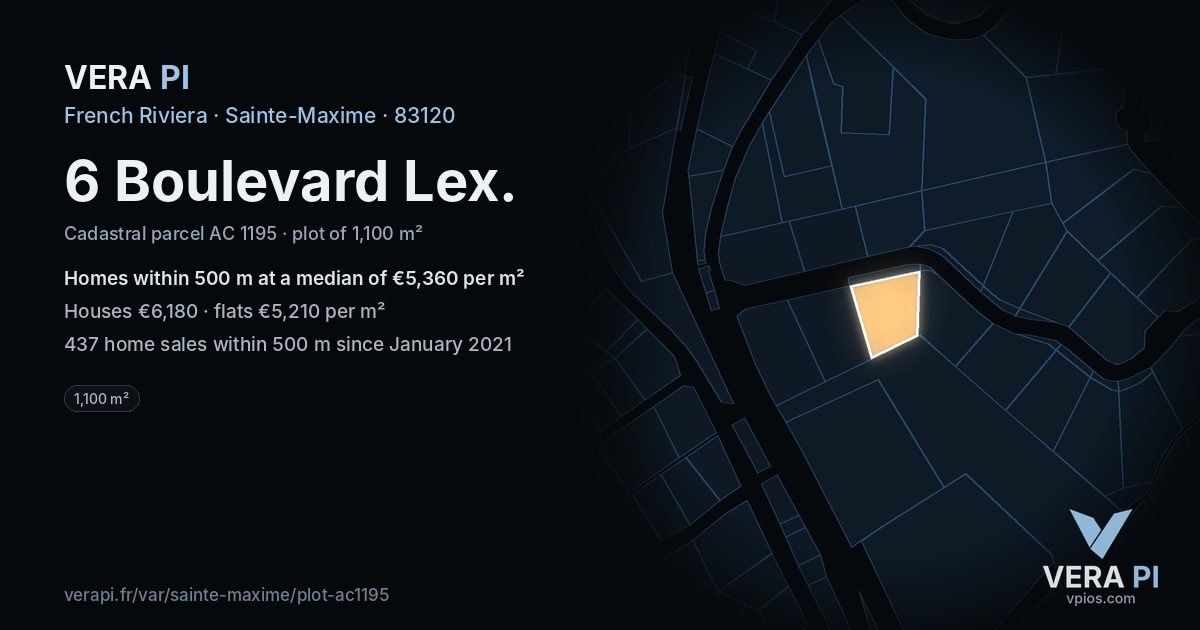 6 Boulevard Lex, Sainte-Maxime at night – the plot lit, the parcels around coloured by the prices near them