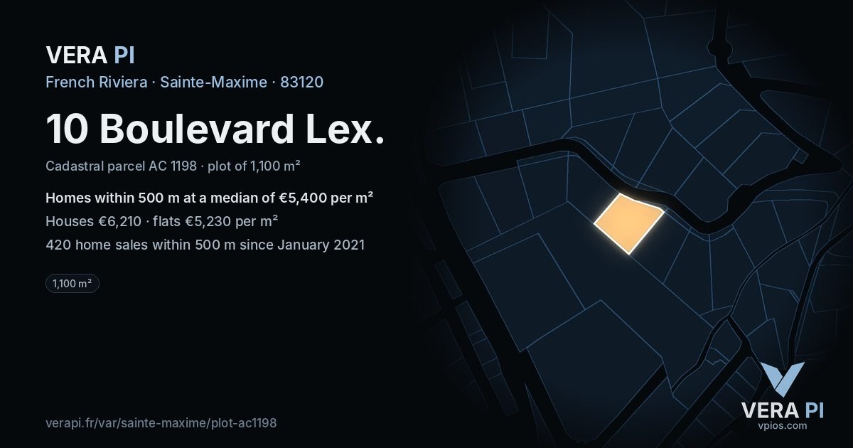 10 Boulevard Lex, Sainte-Maxime at night – the plot lit, the parcels around coloured by the prices near them