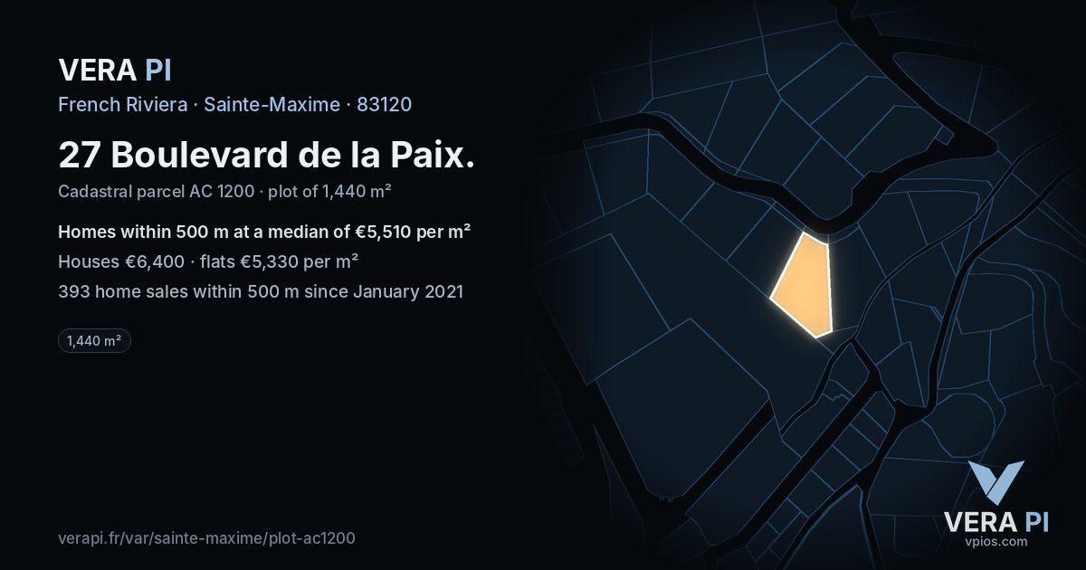 27 Boulevard de la Paix, Sainte-Maxime at night – the plot lit, the parcels around coloured by the prices near them