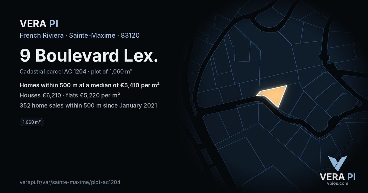 9 Boulevard Lex, Sainte-Maxime at night – the plot lit, the parcels around coloured by the prices near them