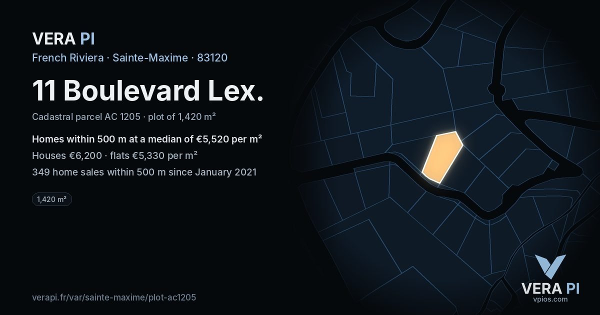 11 Boulevard Lex, Sainte-Maxime at night – the plot lit, the parcels around coloured by the prices near them