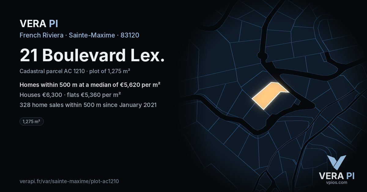 21 Boulevard Lex, Sainte-Maxime at night – the plot lit, the parcels around coloured by the prices near them
