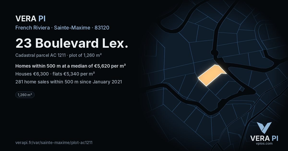 23 Boulevard Lex, Sainte-Maxime at night – the plot lit, the parcels around coloured by the prices near them