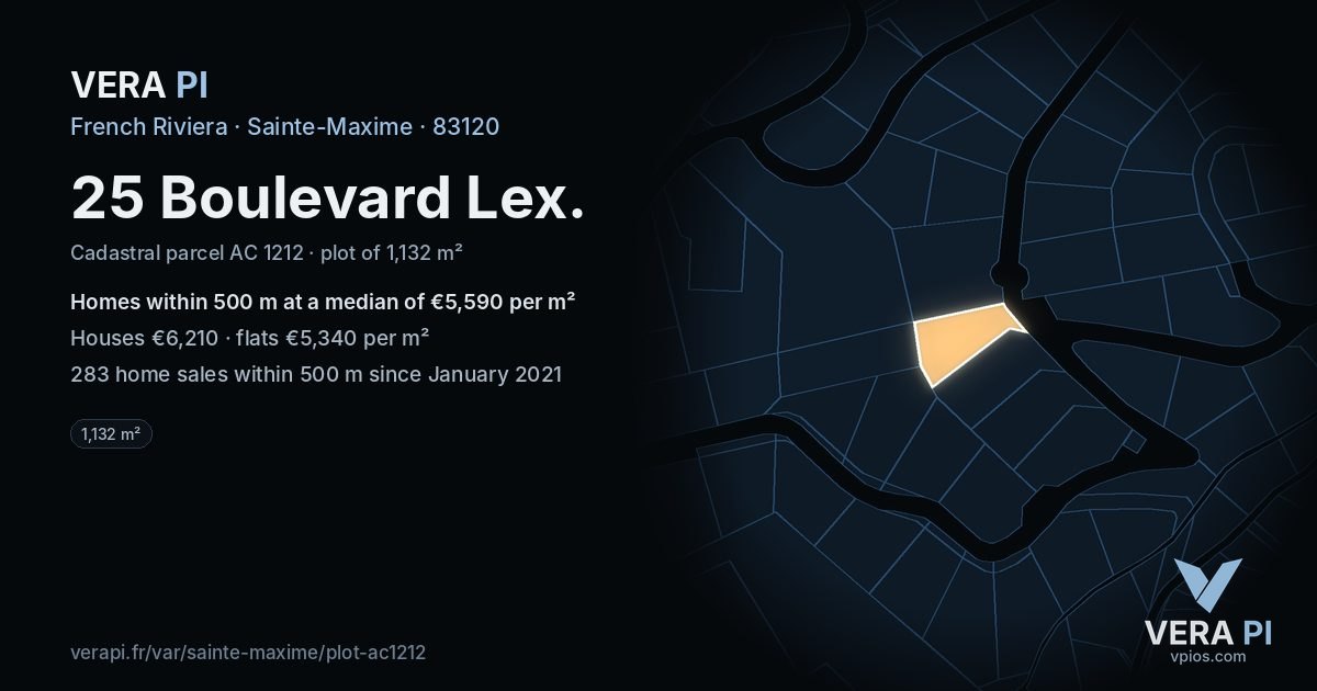 25 Boulevard Lex, Sainte-Maxime at night – the plot lit, the parcels around coloured by the prices near them