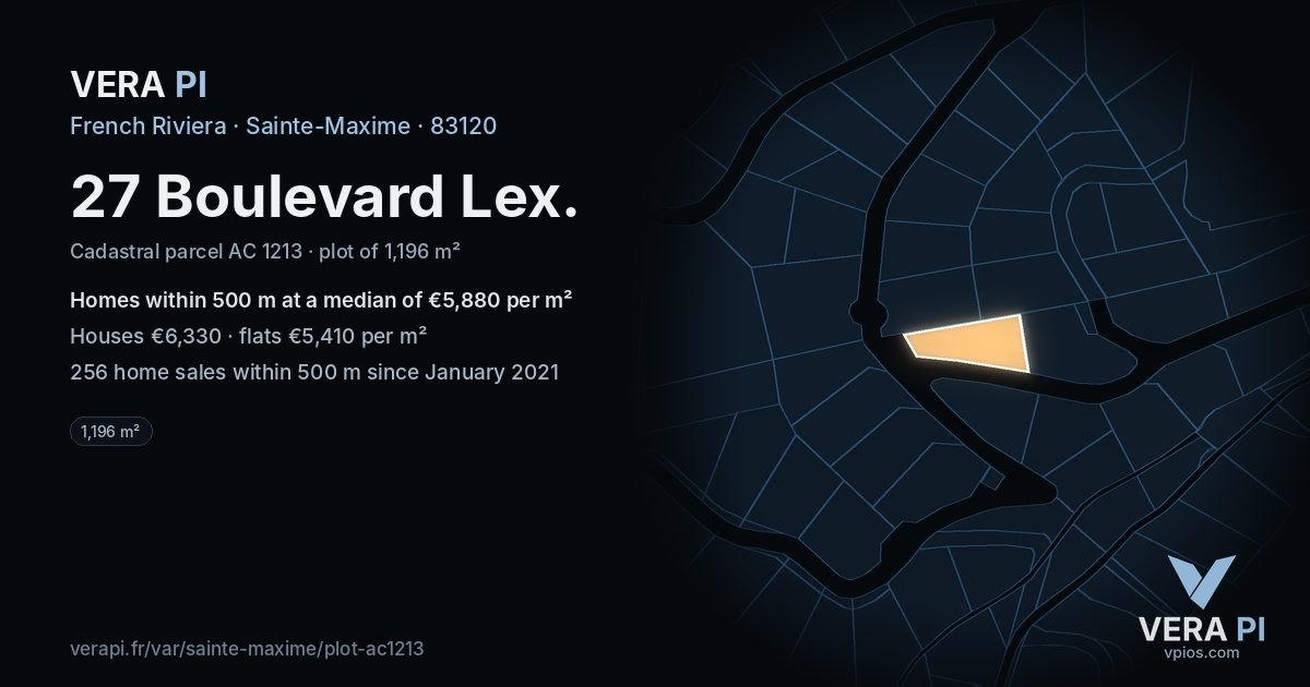 27 Boulevard Lex, Sainte-Maxime at night – the plot lit, the parcels around coloured by the prices near them