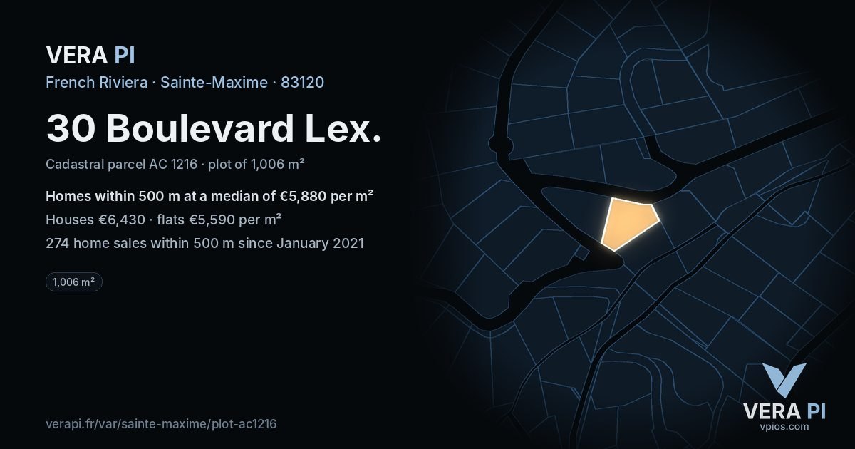 30 Boulevard Lex, Sainte-Maxime at night – the plot lit, the parcels around coloured by the prices near them