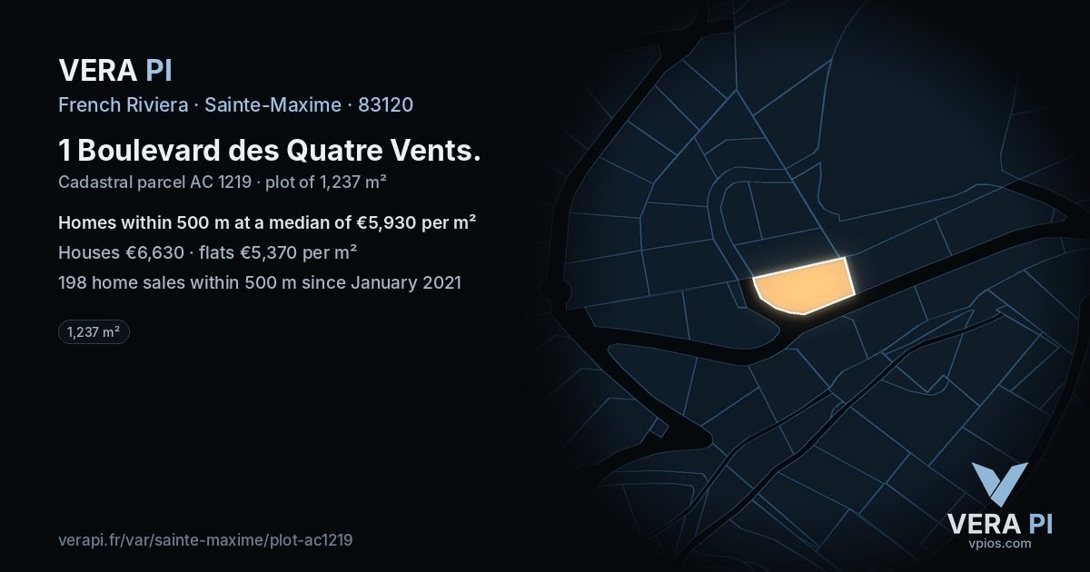 1 Boulevard des Quatre Vents, Sainte-Maxime at night – the plot lit, the parcels around coloured by the prices near them