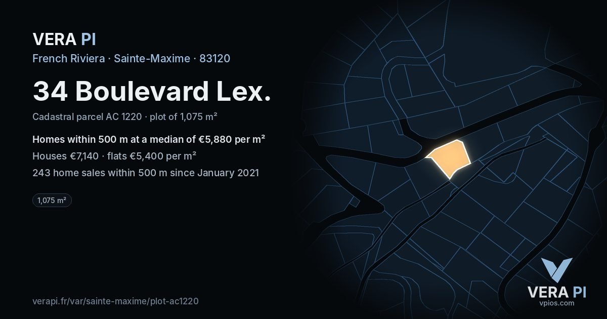 34 Boulevard Lex, Sainte-Maxime at night – the plot lit, the parcels around coloured by the prices near them