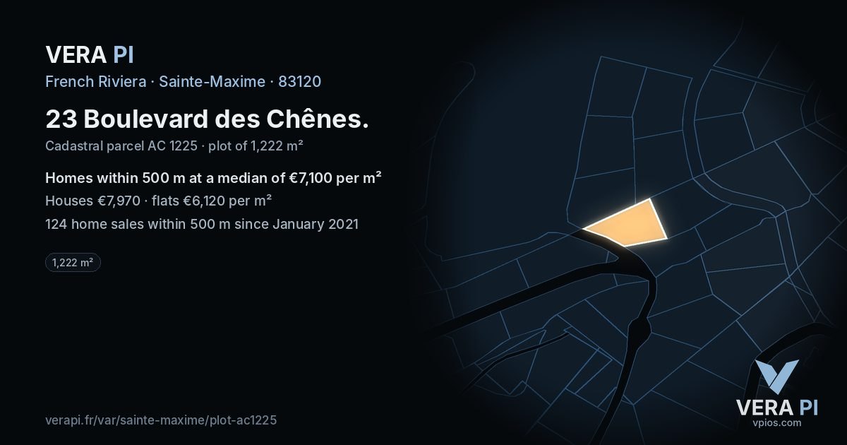 23 Boulevard des Chênes, Sainte-Maxime at night – the plot lit, the parcels around coloured by the prices near them