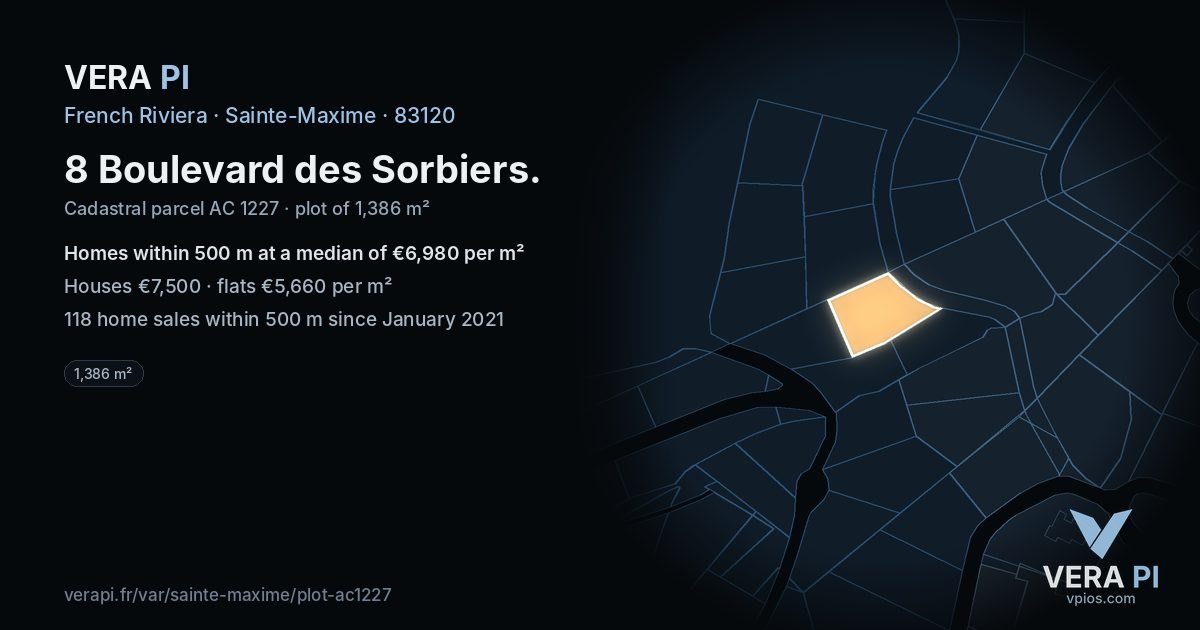 8 Boulevard des Sorbiers, Sainte-Maxime at night – the plot lit, the parcels around coloured by the prices near them