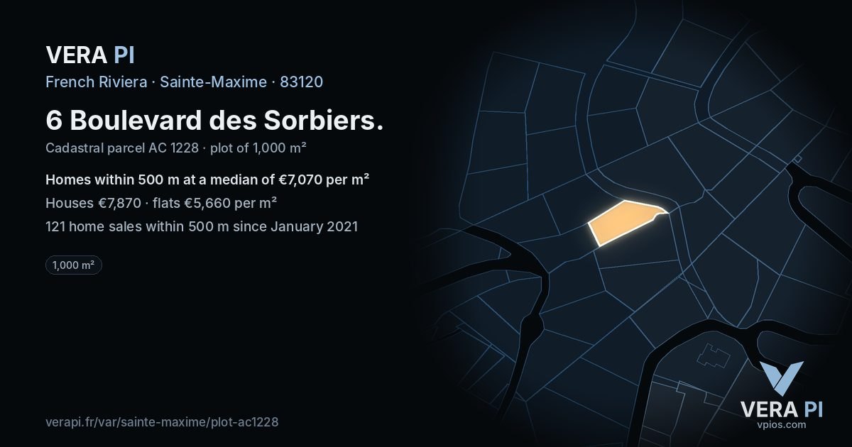 6 Boulevard des Sorbiers, Sainte-Maxime at night – the plot lit, the parcels around coloured by the prices near them