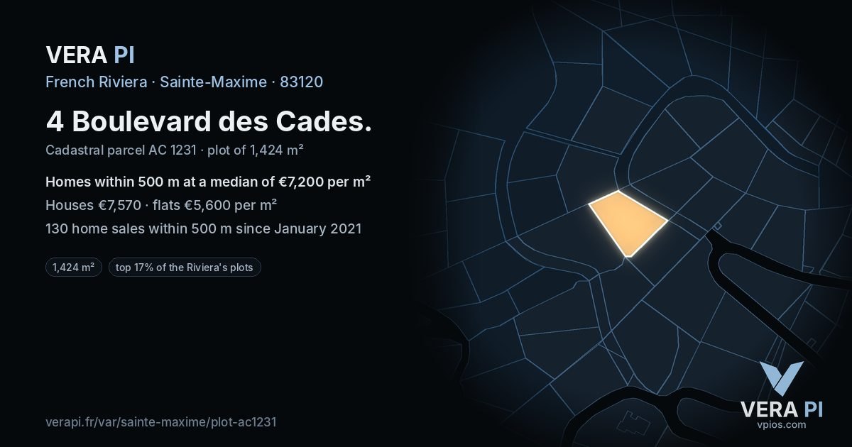 4 Boulevard des Cades, Sainte-Maxime at night – the plot lit, the parcels around coloured by the prices near them