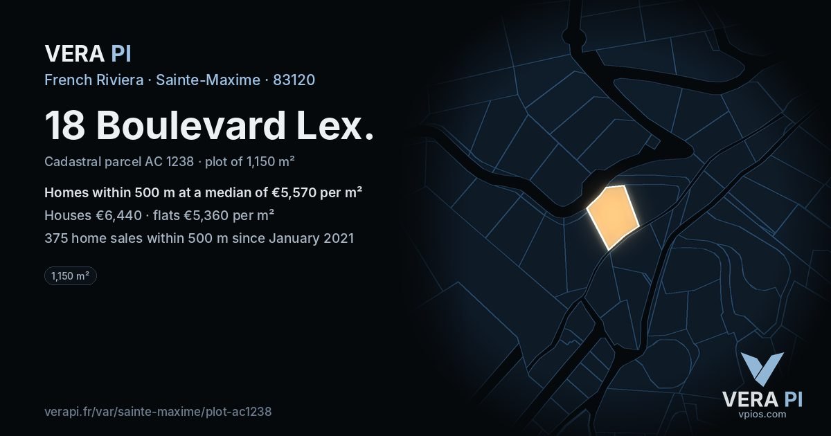 18 Boulevard Lex, Sainte-Maxime at night – the plot lit, the parcels around coloured by the prices near them