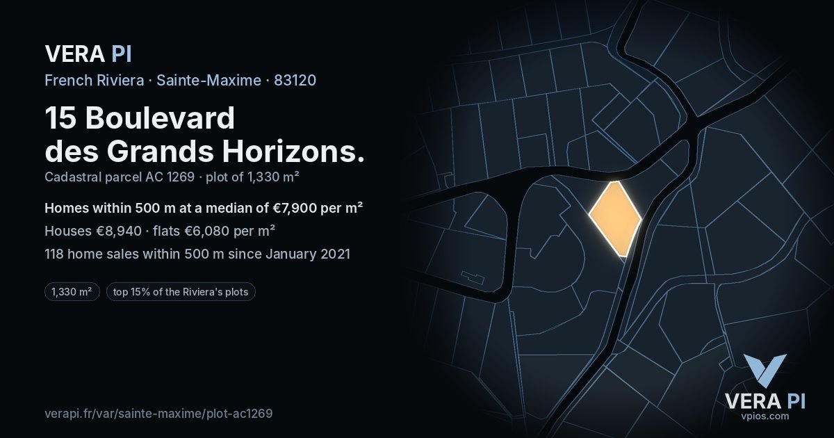 15 Boulevard des Grands Horizons, Sainte-Maxime at night – the plot lit, the parcels around coloured by the prices near them