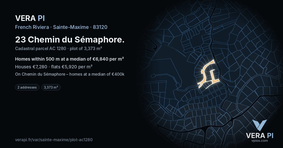 23 Chemin du Sémaphore, Sainte-Maxime at night – the plot lit, the parcels around coloured by the prices near them