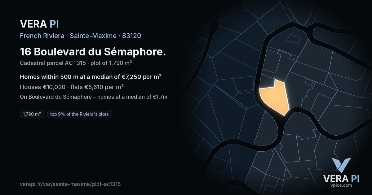 16 Boulevard du Sémaphore, Sainte-Maxime at night – the plot lit, the parcels around coloured by the prices near them