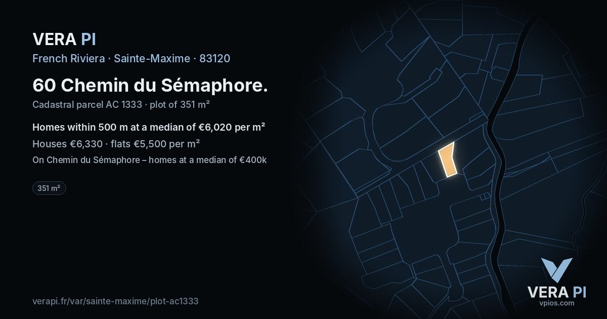 60 Chemin du Sémaphore, Sainte-Maxime at night – the plot lit, the parcels around coloured by the prices near them