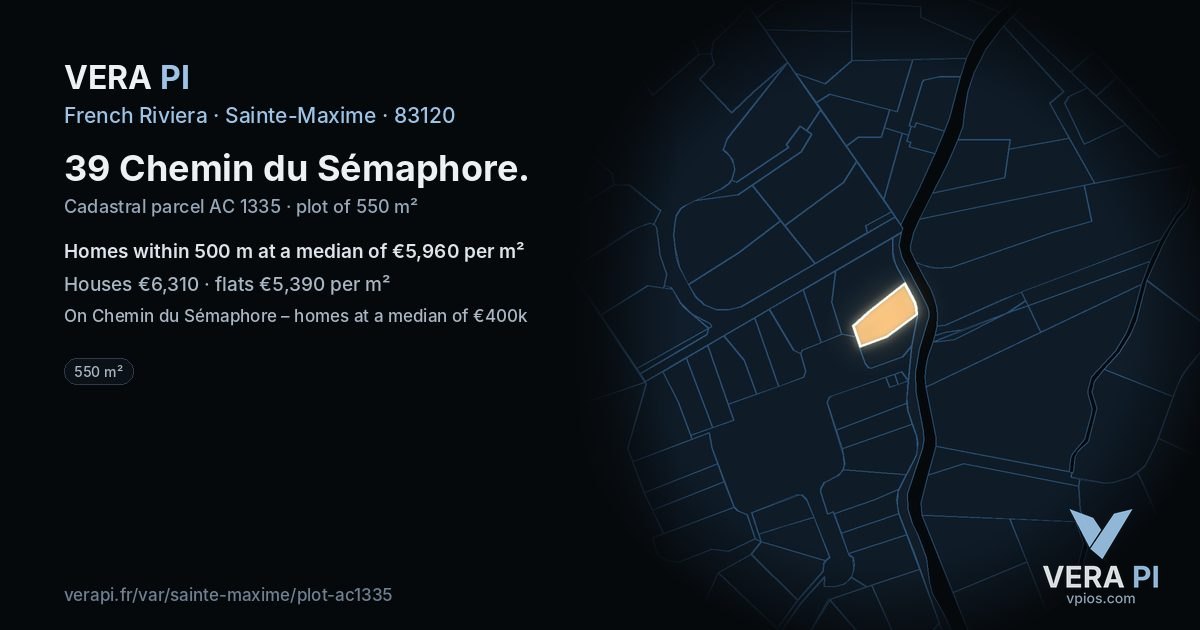 39 Chemin du Sémaphore, Sainte-Maxime at night – the plot lit, the parcels around coloured by the prices near them