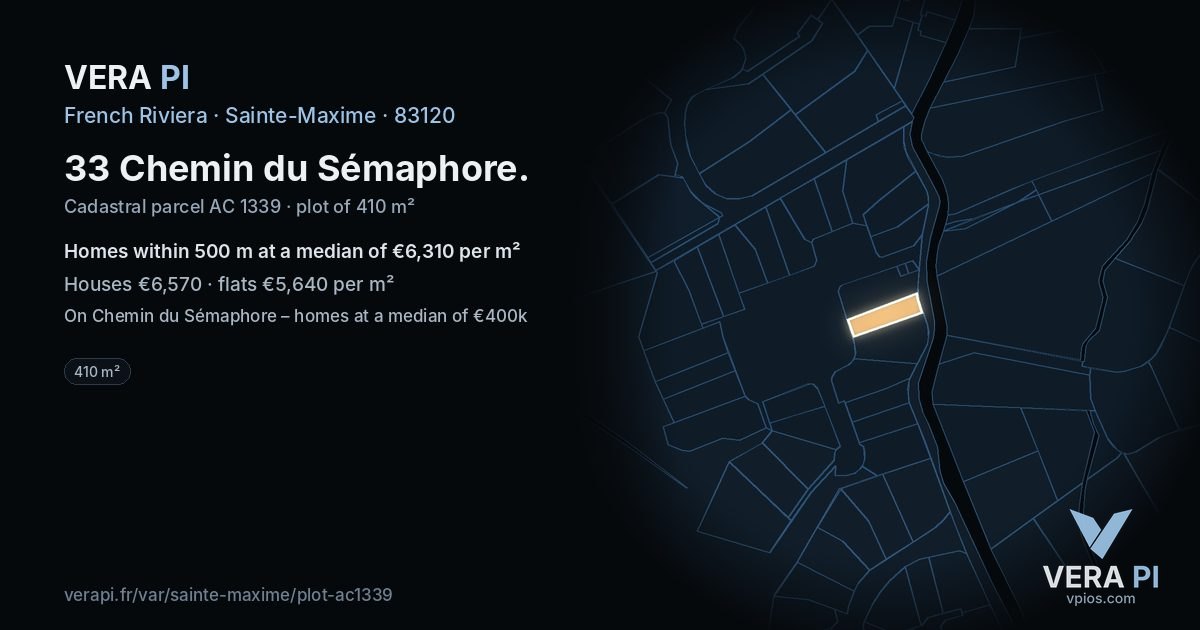 33 Chemin du Sémaphore, Sainte-Maxime at night – the plot lit, the parcels around coloured by the prices near them