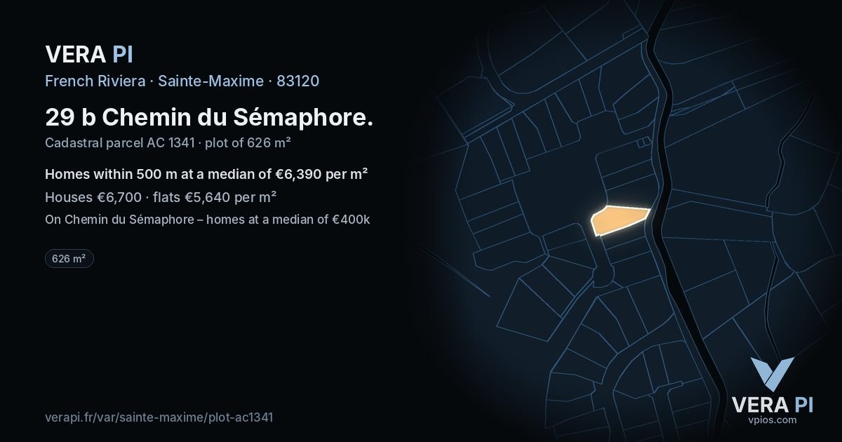 29 b Chemin du Sémaphore, Sainte-Maxime at night – the plot lit, the parcels around coloured by the prices near them