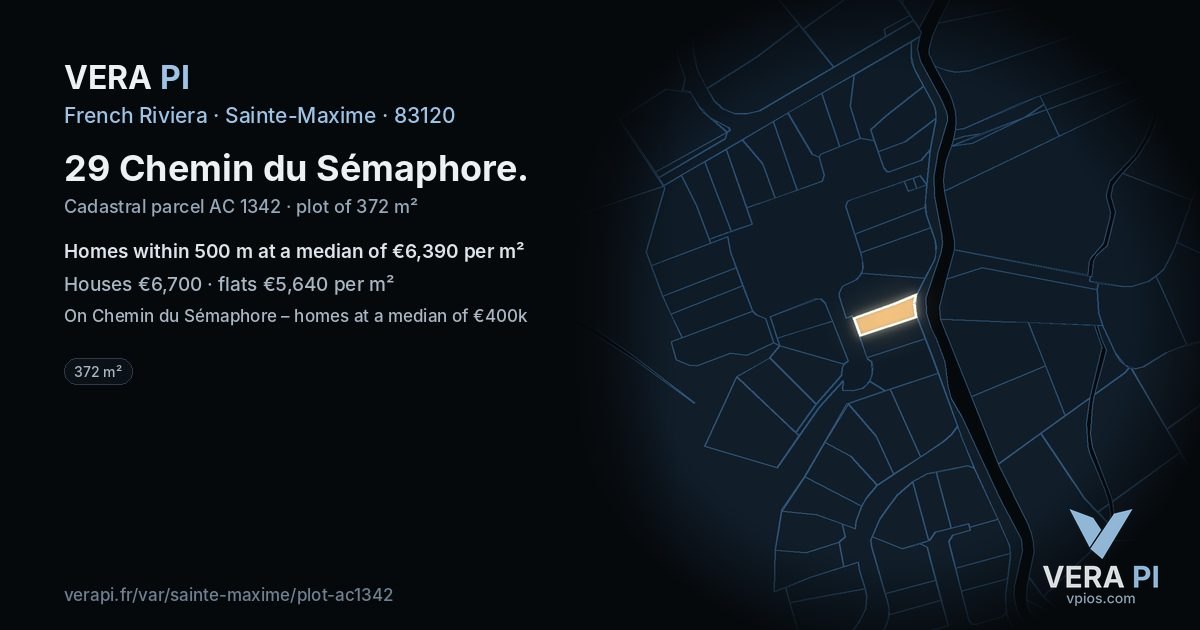 29 Chemin du Sémaphore, Sainte-Maxime at night – the plot lit, the parcels around coloured by the prices near them