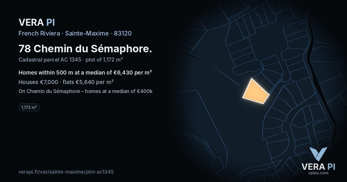 78 Chemin du Sémaphore, Sainte-Maxime at night – the plot lit, the parcels around coloured by the prices near them