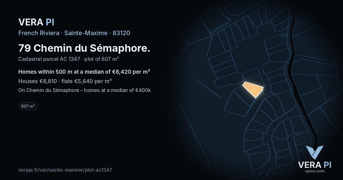 79 Chemin du Sémaphore, Sainte-Maxime at night – the plot lit, the parcels around coloured by the prices near them